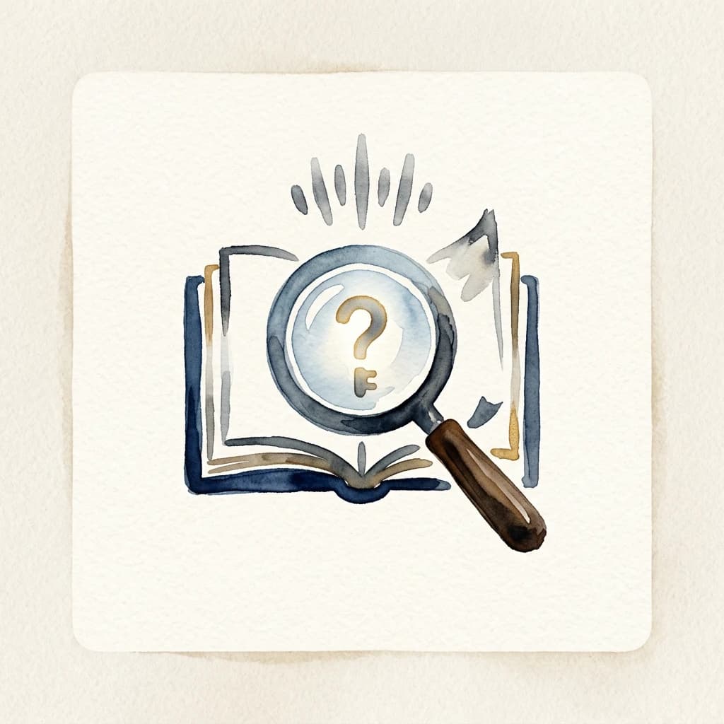 Generated watercolor icon of a mystery book with a magnifying glass
