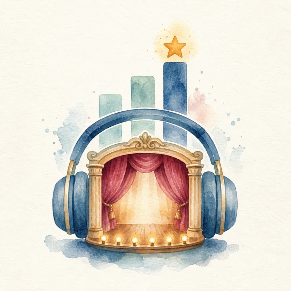 Watercolor theater stage with headphones and rising chart bars