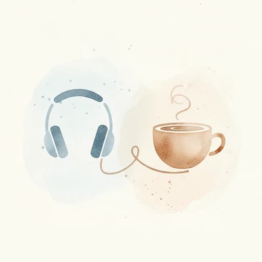Watercolor headphones beside a steaming café cup