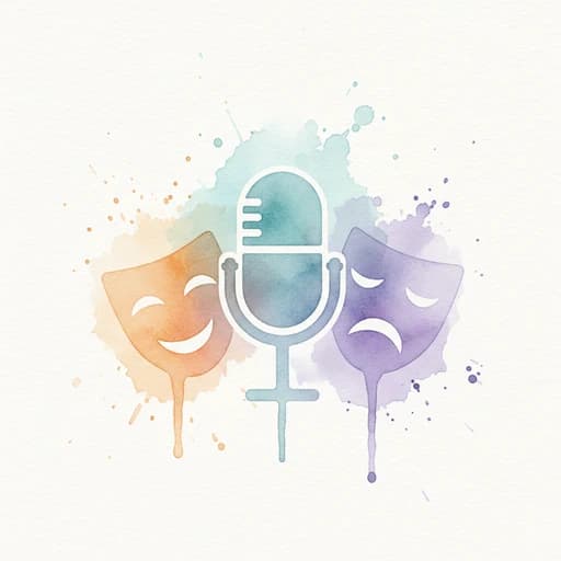 Watercolor illustration of a studio microphone beside theater masks