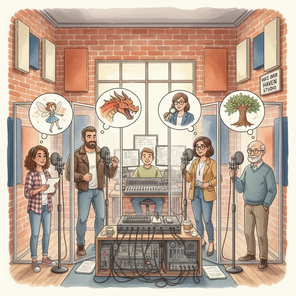 Watercolor illustration of diverse voices in a recording studio