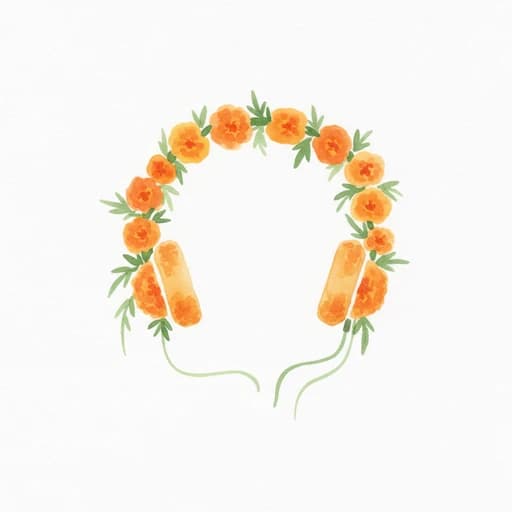 Watercolor headphones draped with a marigold garland