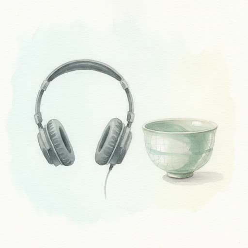 Watercolor headphones beside a celadon tea bowl