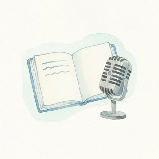Watercolor open notebook and microphone on a desk