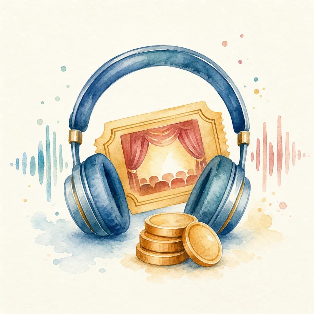 Watercolor headphones around a theater ticket and coins