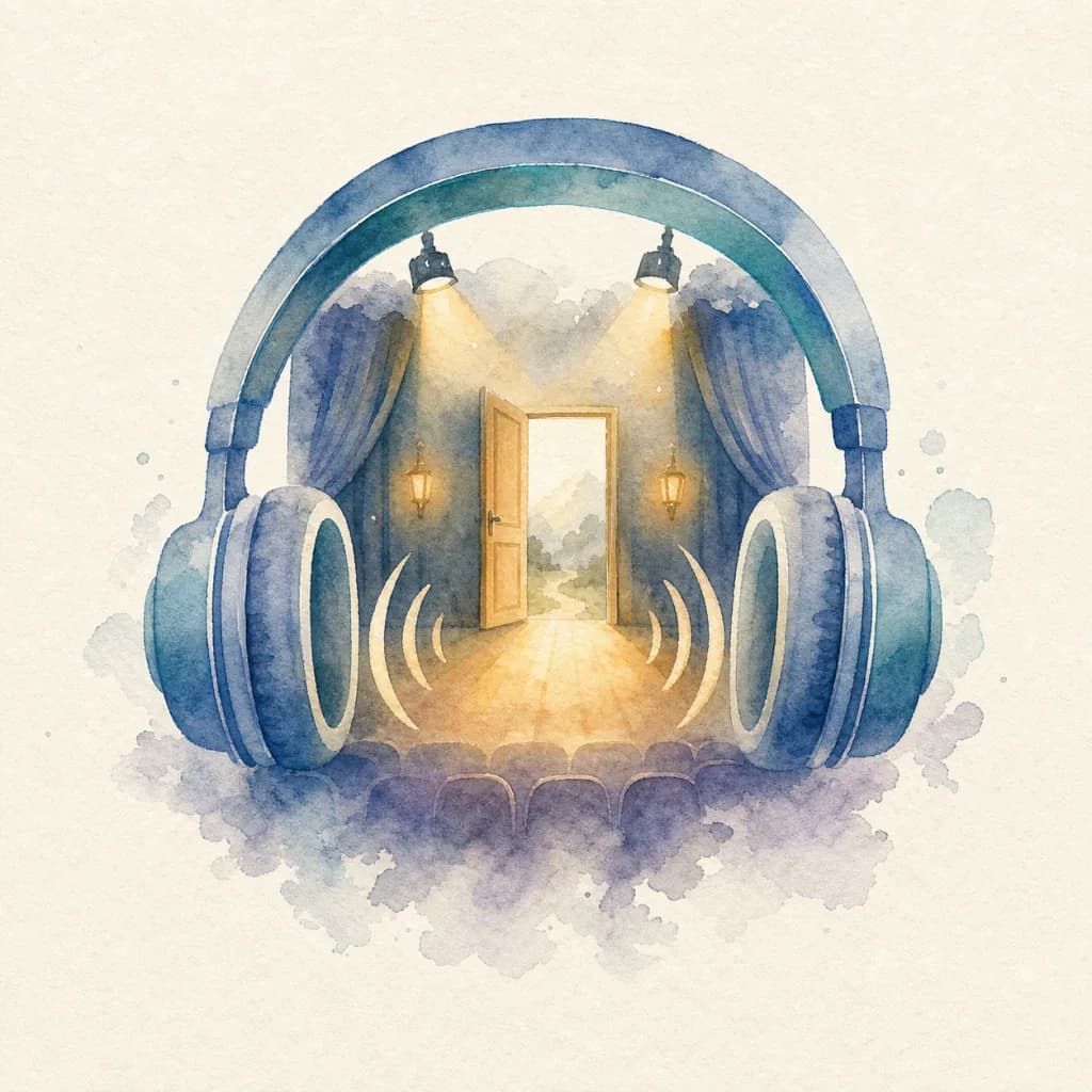 Watercolor headphones opening into a glowing cinematic room