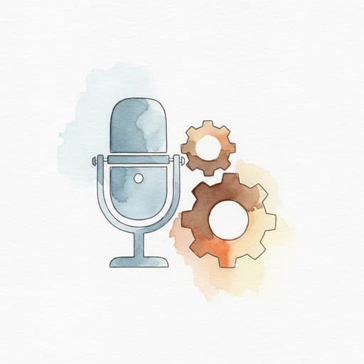 Watercolor illustration of a studio microphone beside two interlocking gears
