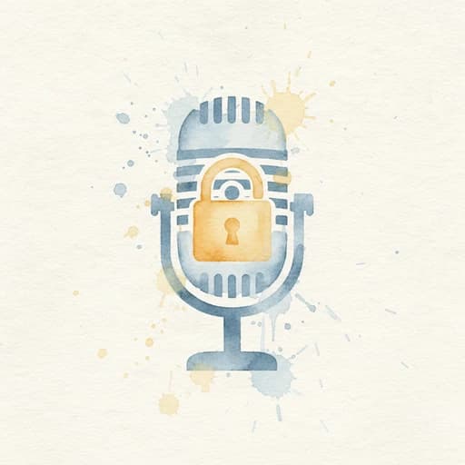 Watercolor illustration of a microphone with a locked padlock
