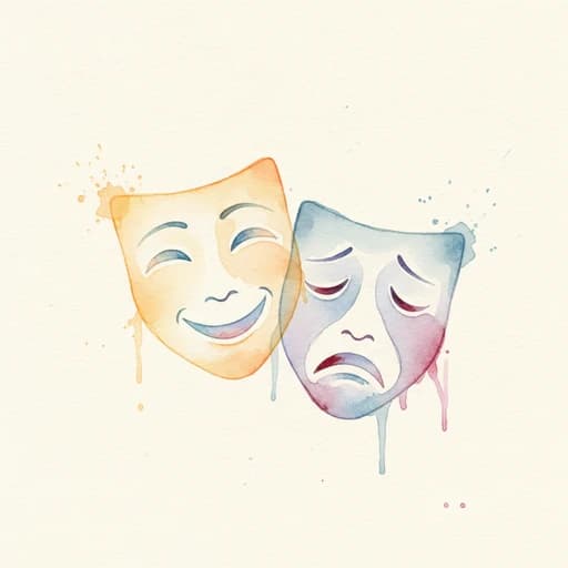 Watercolor illustration of two theatre masks, one smiling and one frowning