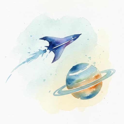 Watercolor illustration of a starship and a ringed planet