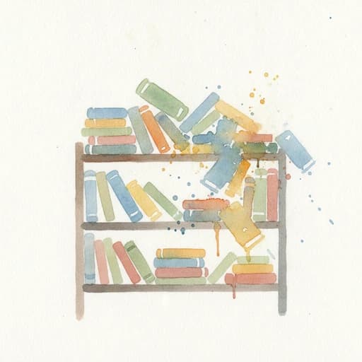 Watercolor illustration of an overflowing bookshelf with books spilling off the top