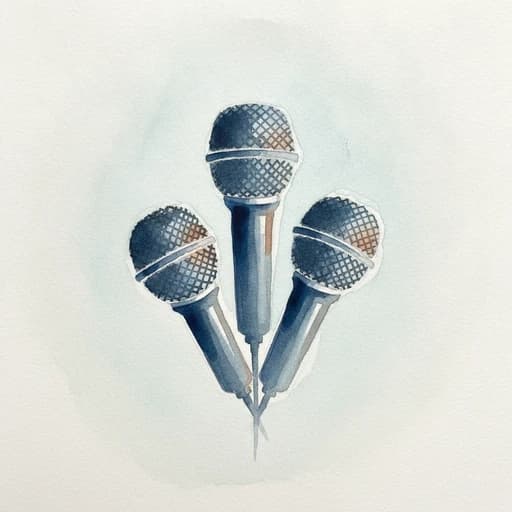 Watercolor illustration of three handheld microphones fanned together like a bouquet