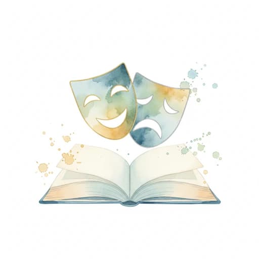 Watercolor of two theatre masks rising from an open book