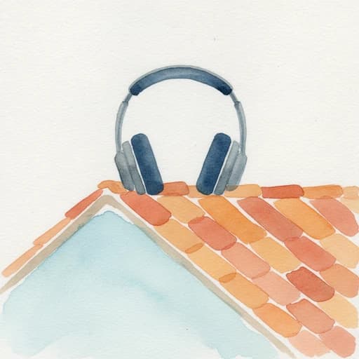 Watercolor headphones resting on a terracotta rooftop with cypress trees behind