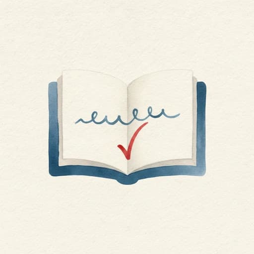 Watercolor illustration of an open book beside a studio microphone and a red proof mark