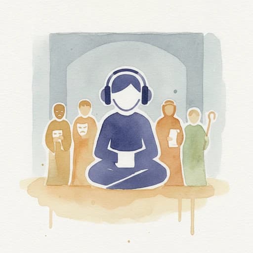 Watercolor illustration of a listener with headphones, eyes closed, surrounded by a faint ensemble of silhouetted figures