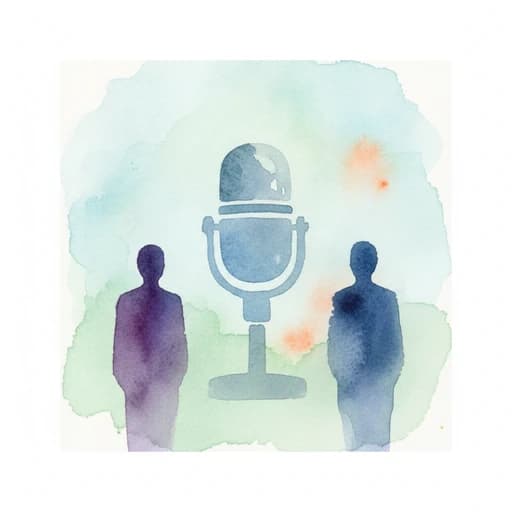 Watercolor icon of a studio microphone between two character silhouettes