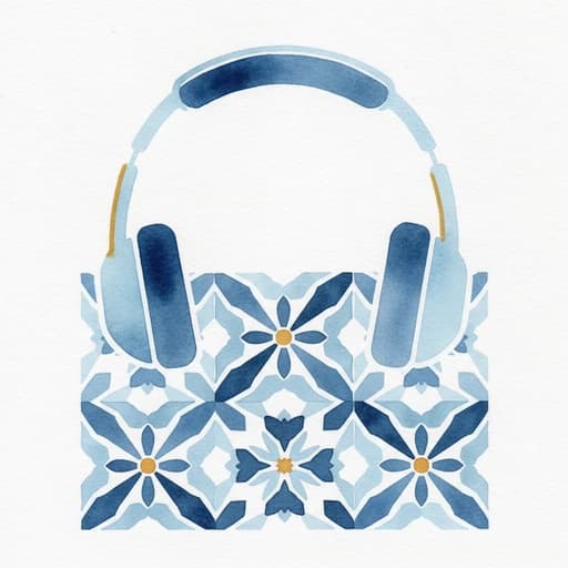 Watercolor headphones resting on a blue azulejo tile