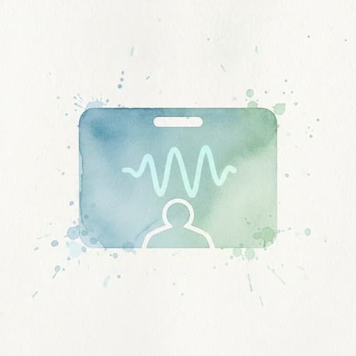 Watercolor icon of a name tag with sound waves rising from it