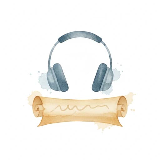 Watercolor headphones over a scrolling serial chapter list for web serial audiobook production